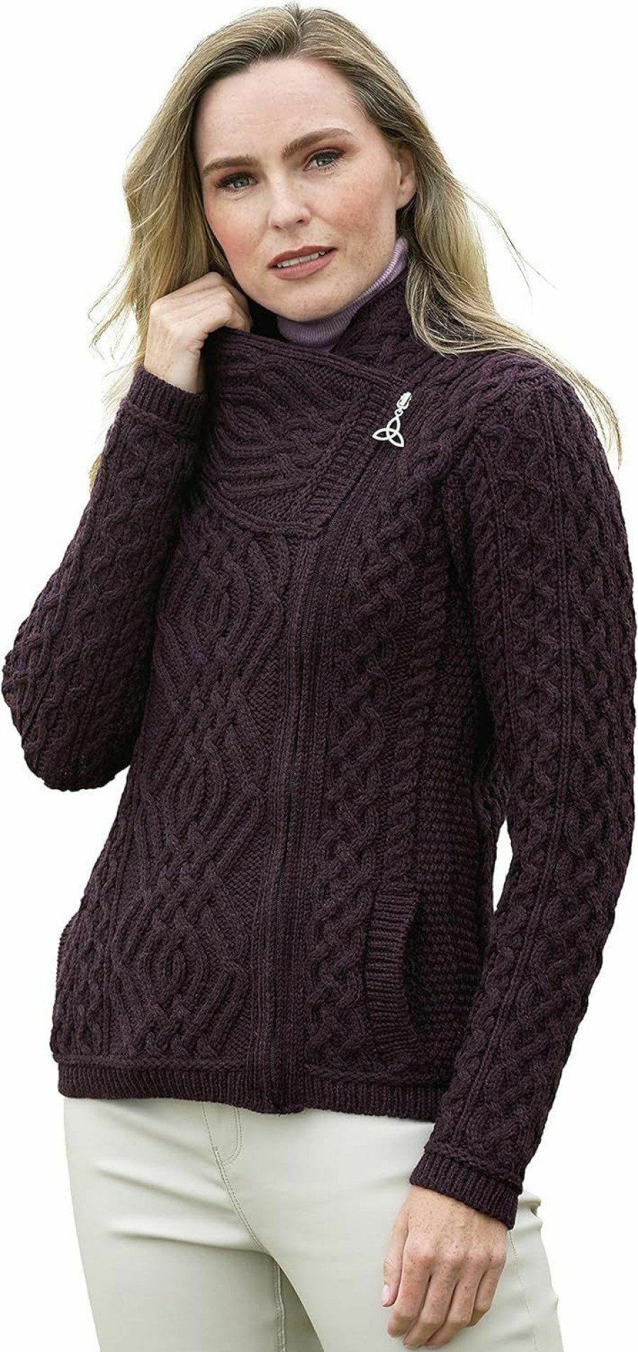 Sweaters | Aran Crafts Aran Crafts Women'S Irish Cable Knitted Side Zip Cardigan (100% Merino Wool)