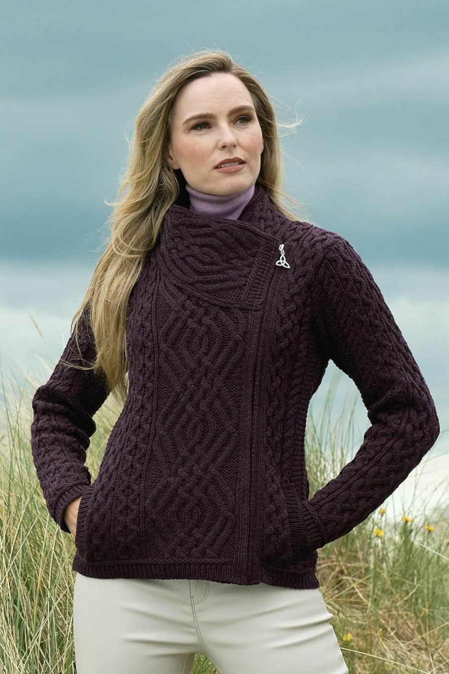 Sweaters | Aran Crafts Aran Crafts Women'S Irish Cable Knitted Side Zip Cardigan (100% Merino Wool)