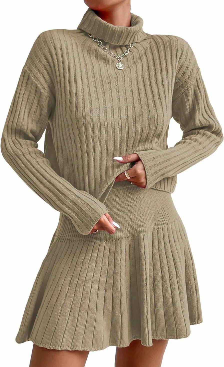 Sweaters | QWINEE Qwinee Women'S 2 Piece Long Sleeve Turtleneck Drop Shoulder Ribbed Knit Sweater And Skirt Sets