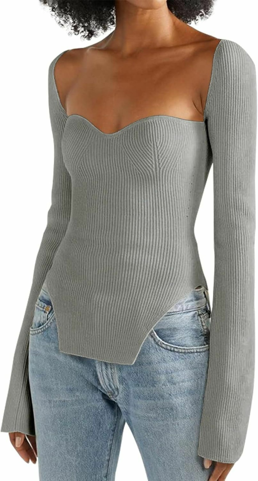 Sweaters | ACOSAP Acosap Women'S Square Neck Ribbed Knitted Sweater Long Sleeve Crop Slim Fitted Basic Pullover Tops