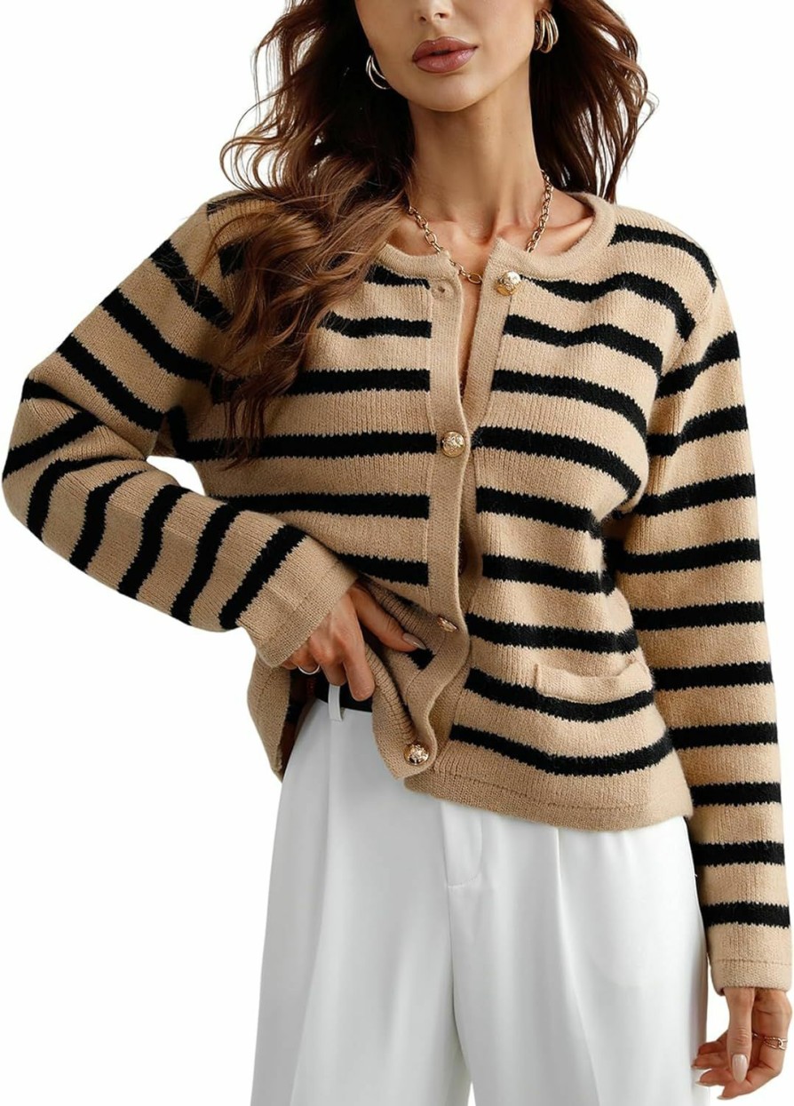 Sweaters | Wyeysyt Women'S Striped Cardigan Sweaters 2023 Fall Open Front Button Down Knitted Cardigans Outerwear With Pockets