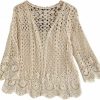 Sweaters | Generic Women'S Summer Long Sleeve Cardigan Hollow Out Crochet Knit Floral Cover Up Open Front Scalloped Mesh Beach Shrug Coat Beige