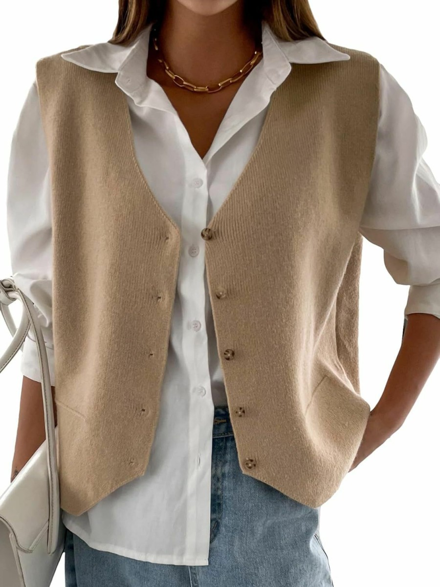 Sweaters | Verdusa Verdusa Women'S Sleeveless V Neck Button Up Knit Sweater Vest