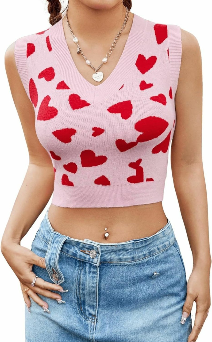 Sweaters | Floerns Floerns Women'S Sleeveless Round Neck Cute Strawberry Sweater Vest Crop Shirt Top