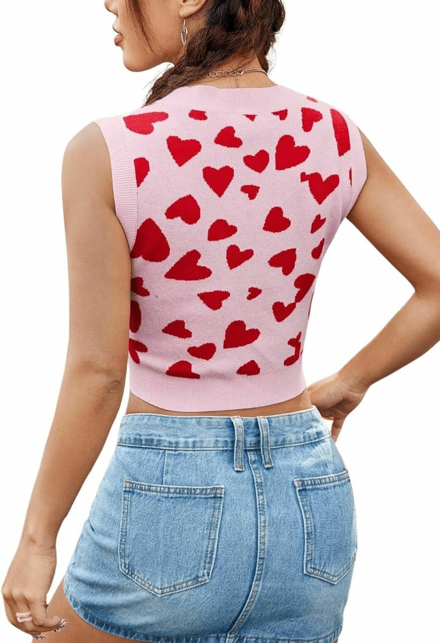 Sweaters | Floerns Floerns Women'S Sleeveless Round Neck Cute Strawberry Sweater Vest Crop Shirt Top