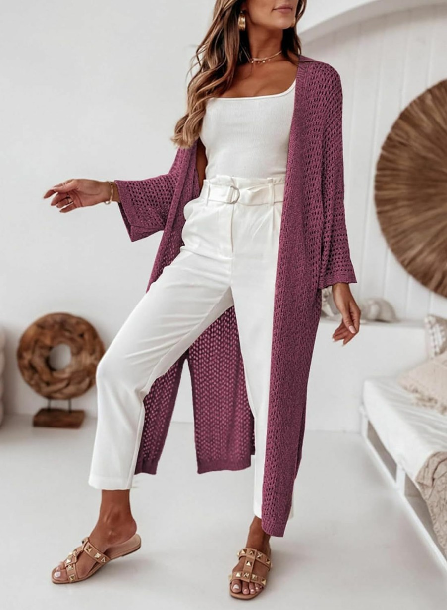 Sweaters | SHEWIN Shewin Women'S Casual Long Sleeve Open Front Cardigan Lightweight Knit Loose Split Crochet Floor Length Kimono Sweaters