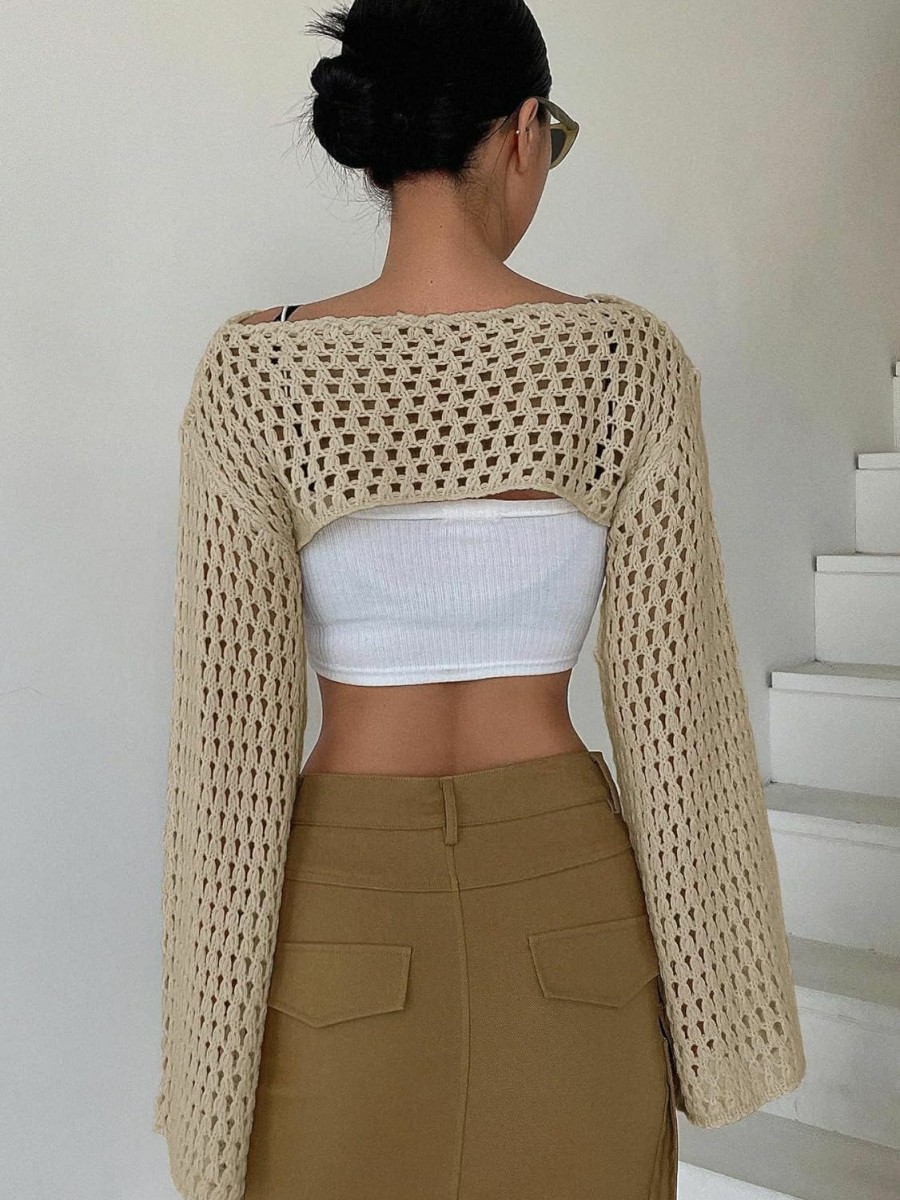 Sweaters | Verdusa Verdusa Women'S Crop Sweater Hollow Out Trumpet Flounce Sleeve Boat Neck Crochet See Through Knit Top