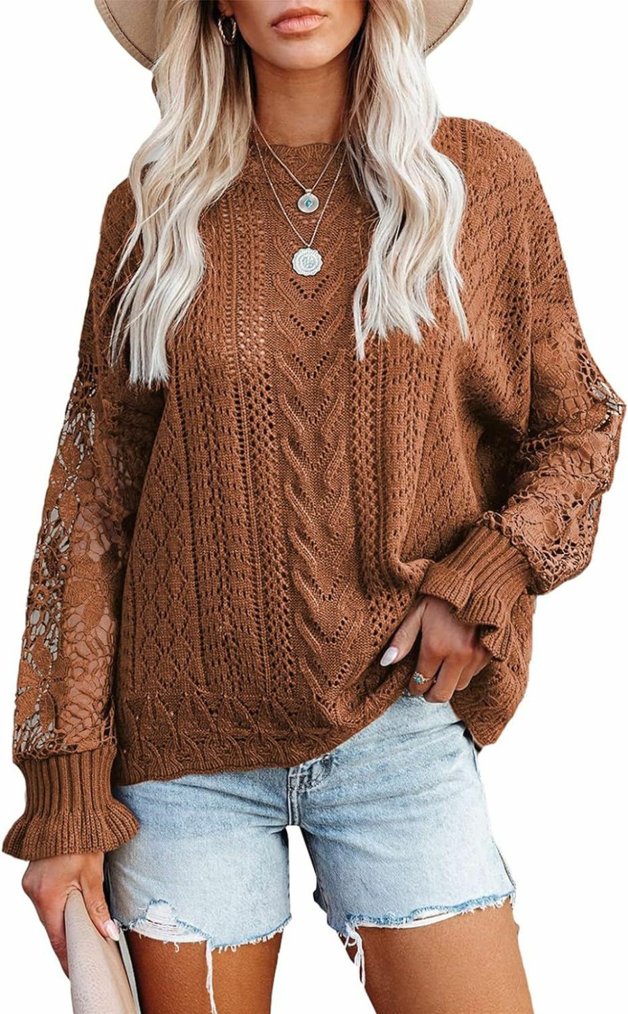 Sweaters | AlvaQ Alvaq Women'S 2023 Lace Crochet Sweater Summer Fall Lightweight Crewneck Knit Sweaters Pullover Jumper Tops