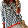 Sweaters | NARURAL Womens Lightweight Cotton Sweaters Long Sleeve Crew Neck Color Block Striped Knitted Pullover Tops