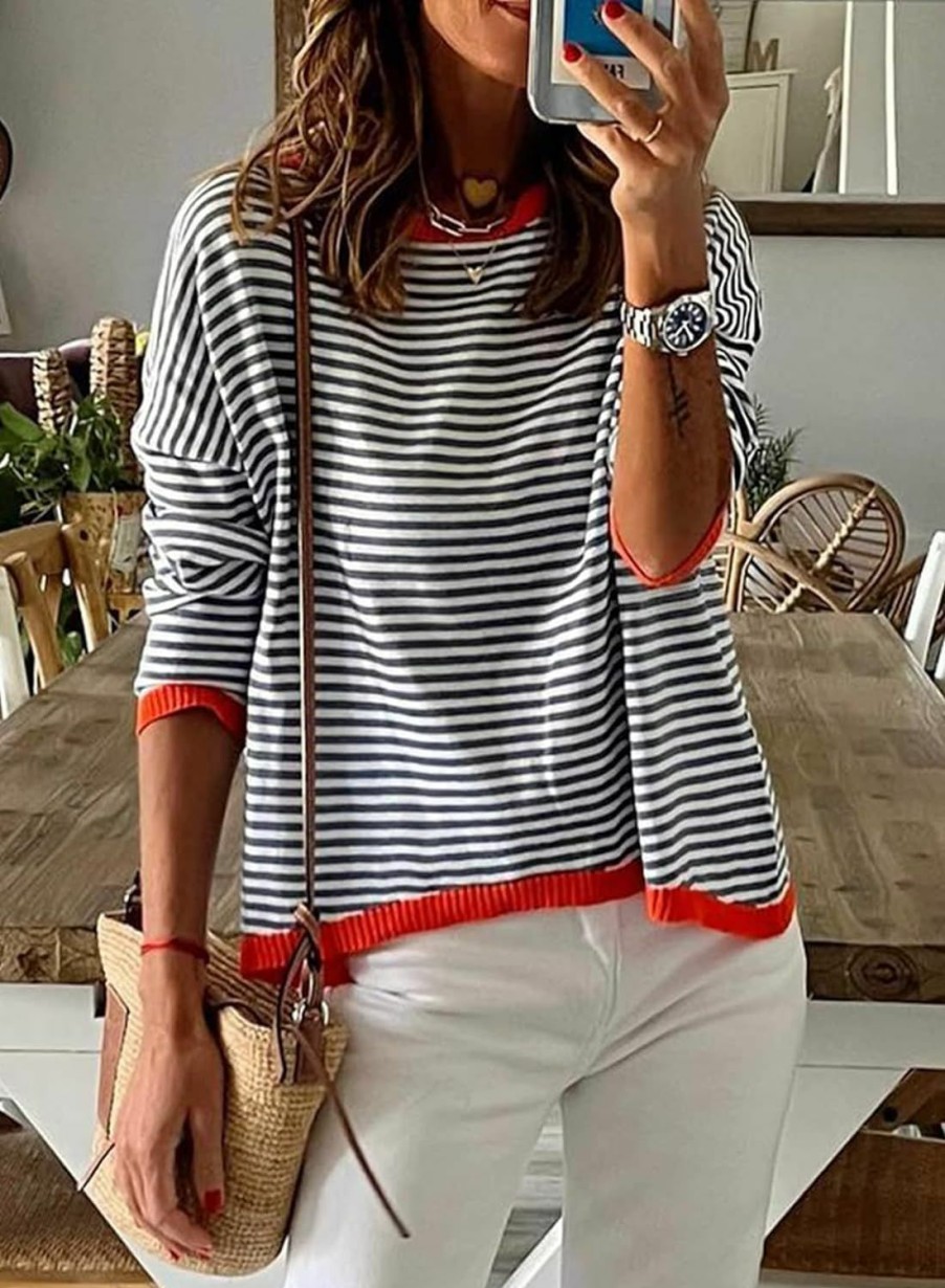 Sweaters | NARURAL Womens Lightweight Cotton Sweaters Long Sleeve Crew Neck Color Block Striped Knitted Pullover Tops