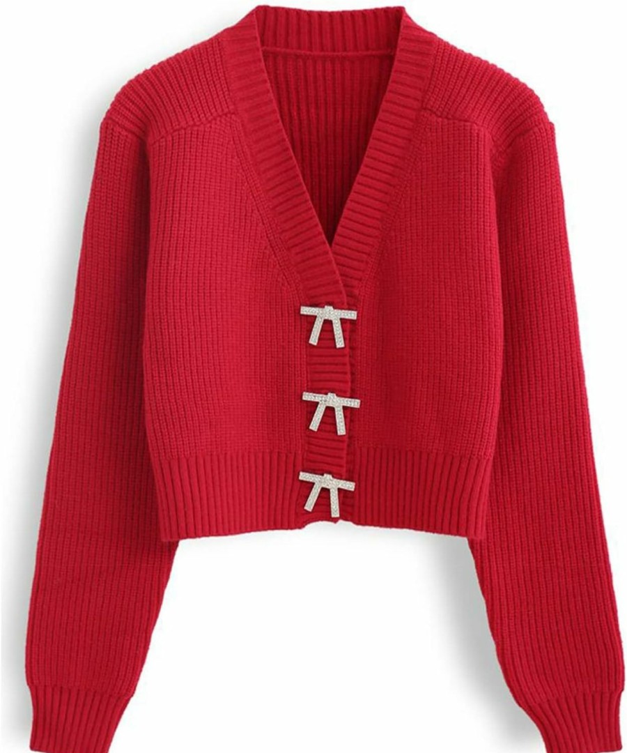 Sweaters | CHICWISH Chicwish Women'S White/Red/Black/Pink/Mint Bowknot Brooch Button Up Crop Knit Cardigan