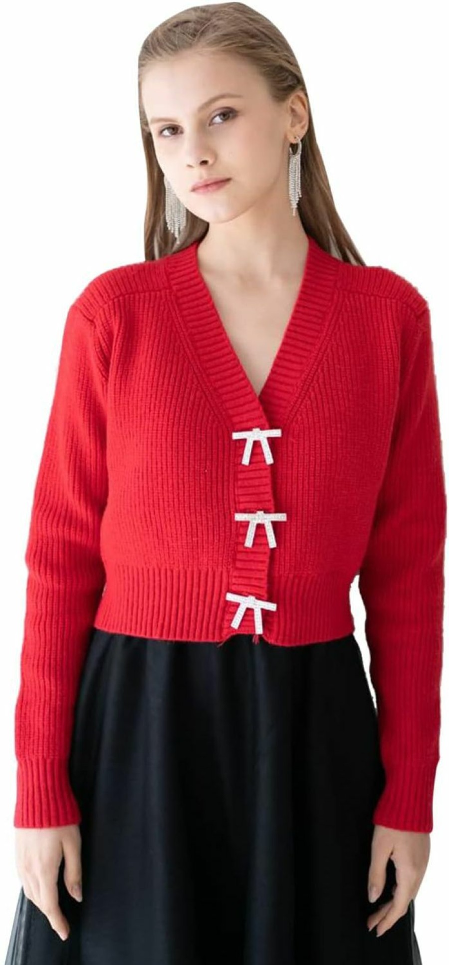 Sweaters | CHICWISH Chicwish Women'S White/Red/Black/Pink/Mint Bowknot Brooch Button Up Crop Knit Cardigan