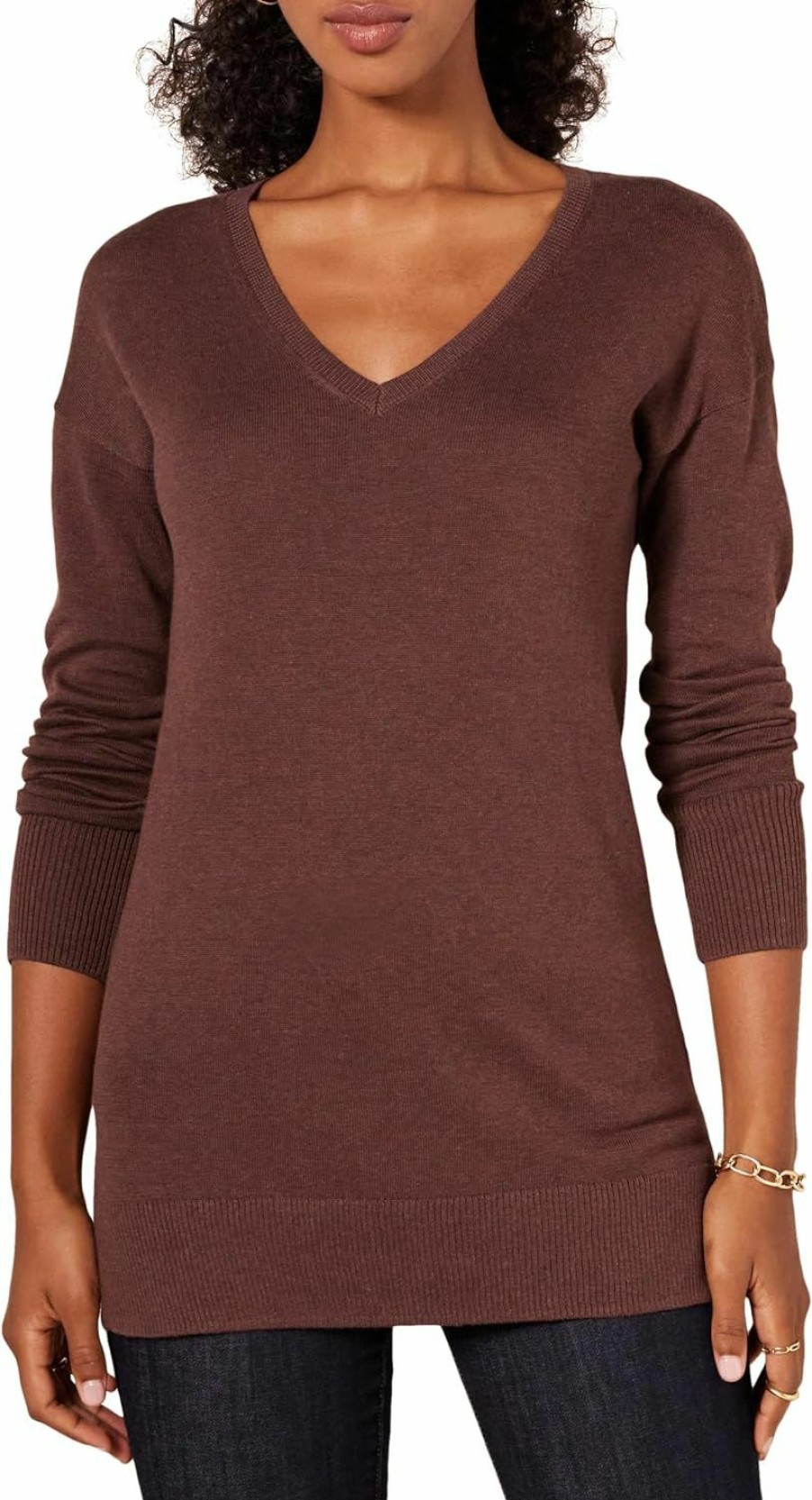 Sweaters | Amazon Essentials Amazon Essentials Women'S Lightweight Long-Sleeve V-Neck Tunic Sweater (Available In Plus Size)