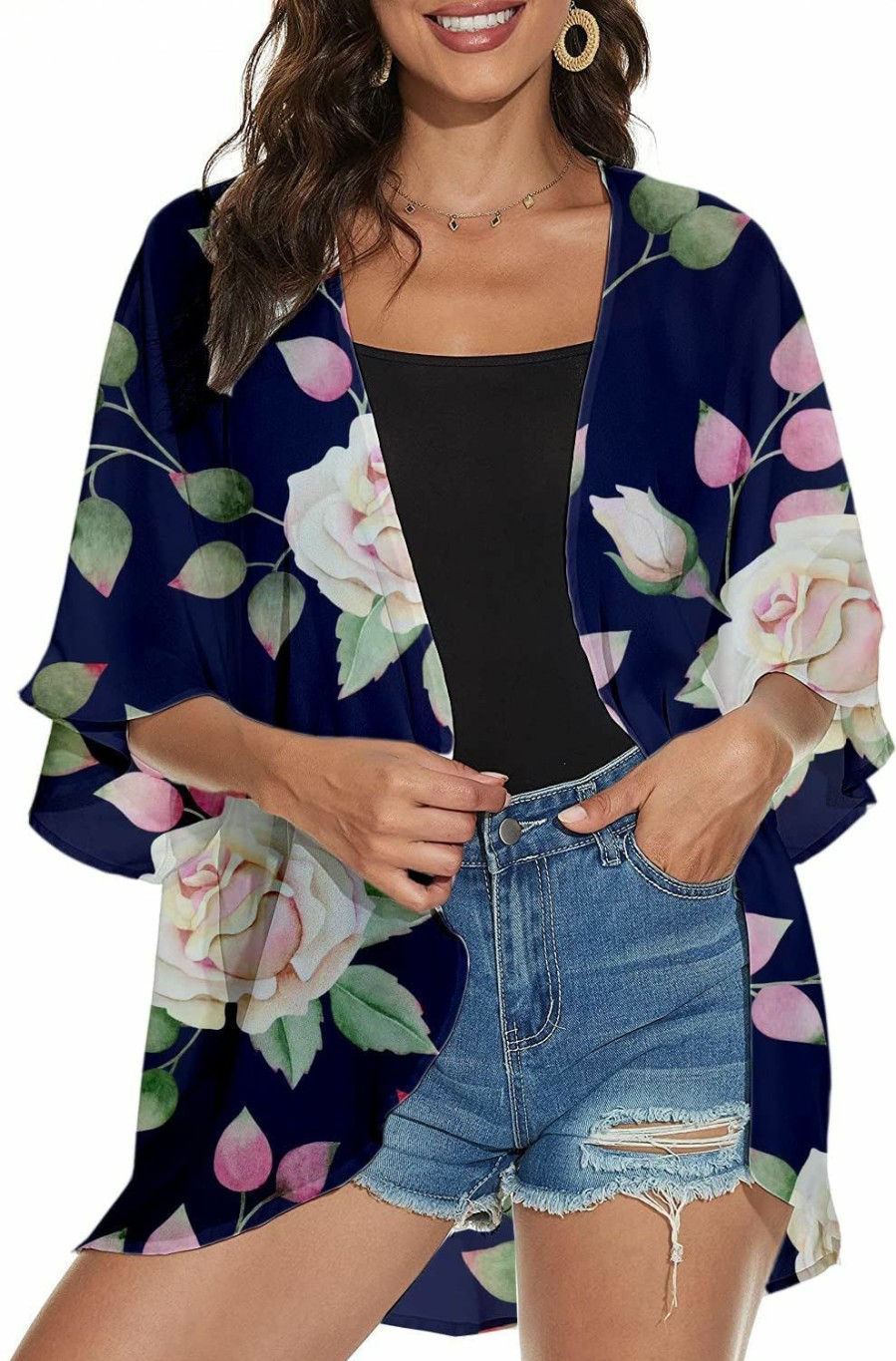 Sweaters | esoaripe Women'S Holiday Beach Floral Puff Sleeve Kimono Cardigan Lightweight Loose Cover Up Casual Blouse Tops