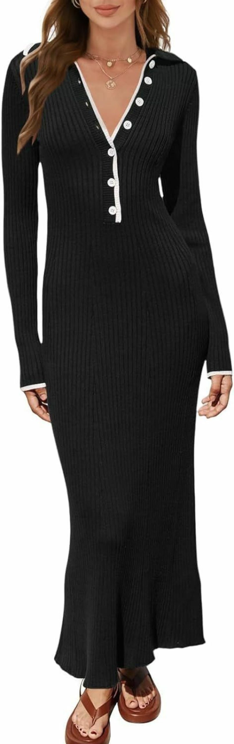 Sweaters | Argeousgor Argeousgor Casual Knit Long Sleeve Maxi Dress For Women Crew Neck Ribbed Bodycon Midi Dress Fall Winter Sweater Long Dress