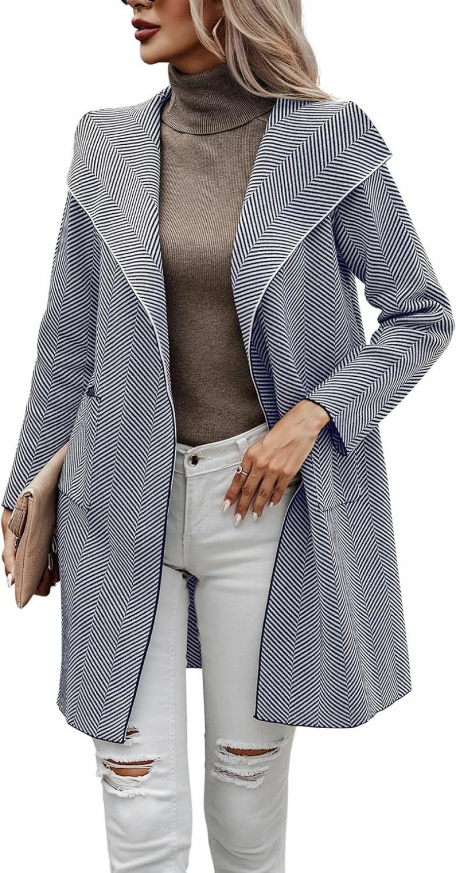 Sweaters | ECOWISH Ecowish Women Cardigan Jacket Coat - Fall 2023 Knit Lapel Long Sleeve Striped Casual Open Front Sweater Coatigan