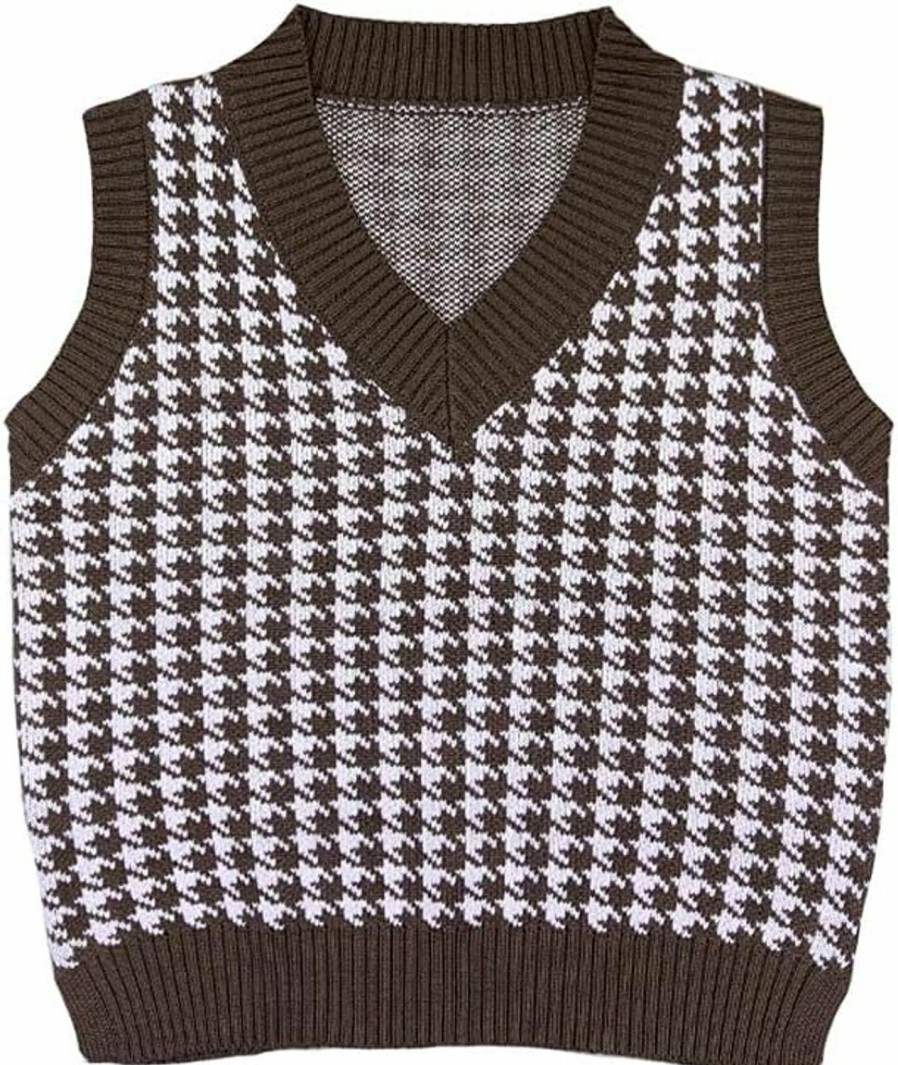 Sweaters | Sdencin Sdencin Women Houndstooth Pattern Knit Sweater Vest Sleeveless Loose V-Neck 90S Waistcoat Pullover Knitwear Top