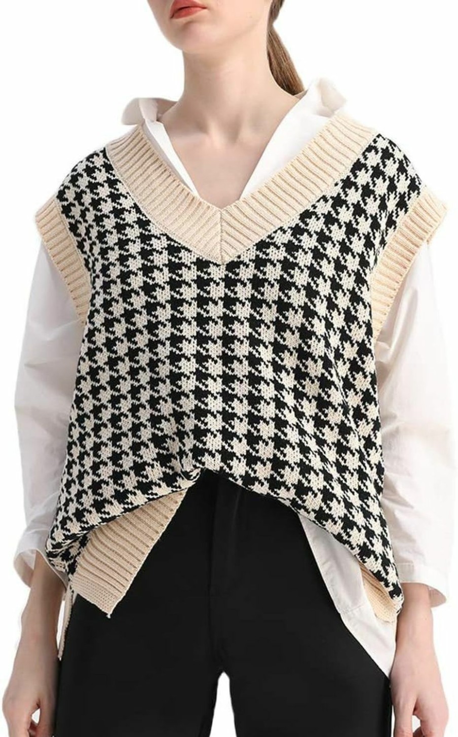 Sweaters | Sdencin Sdencin Women Houndstooth Pattern Knit Sweater Vest Sleeveless Loose V-Neck 90S Waistcoat Pullover Knitwear Top