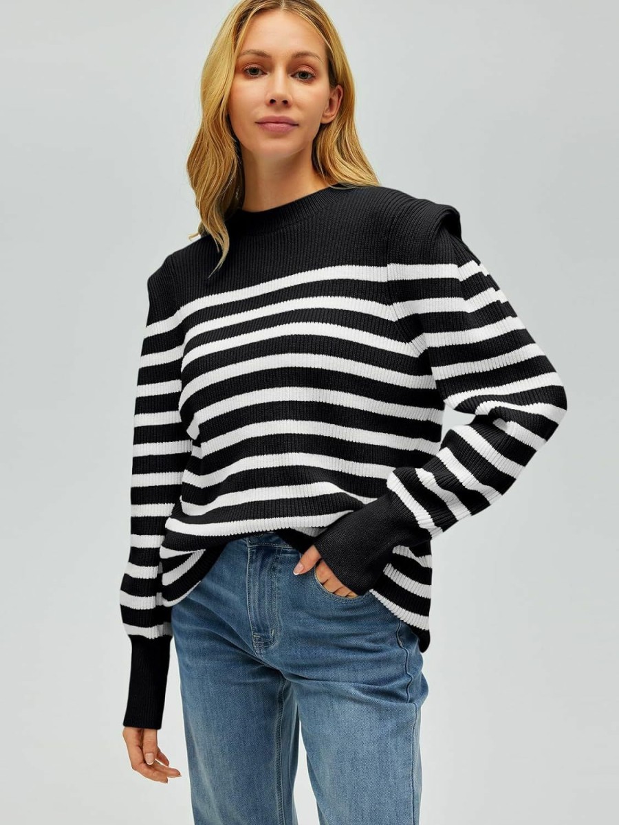 Sweaters | LILLUSORY Lillusory Womens Crewneck Long Lantern Sleeve Sweaterss 2024 Striped Ribbed Knit Jumper Pullover Sweaters Tops