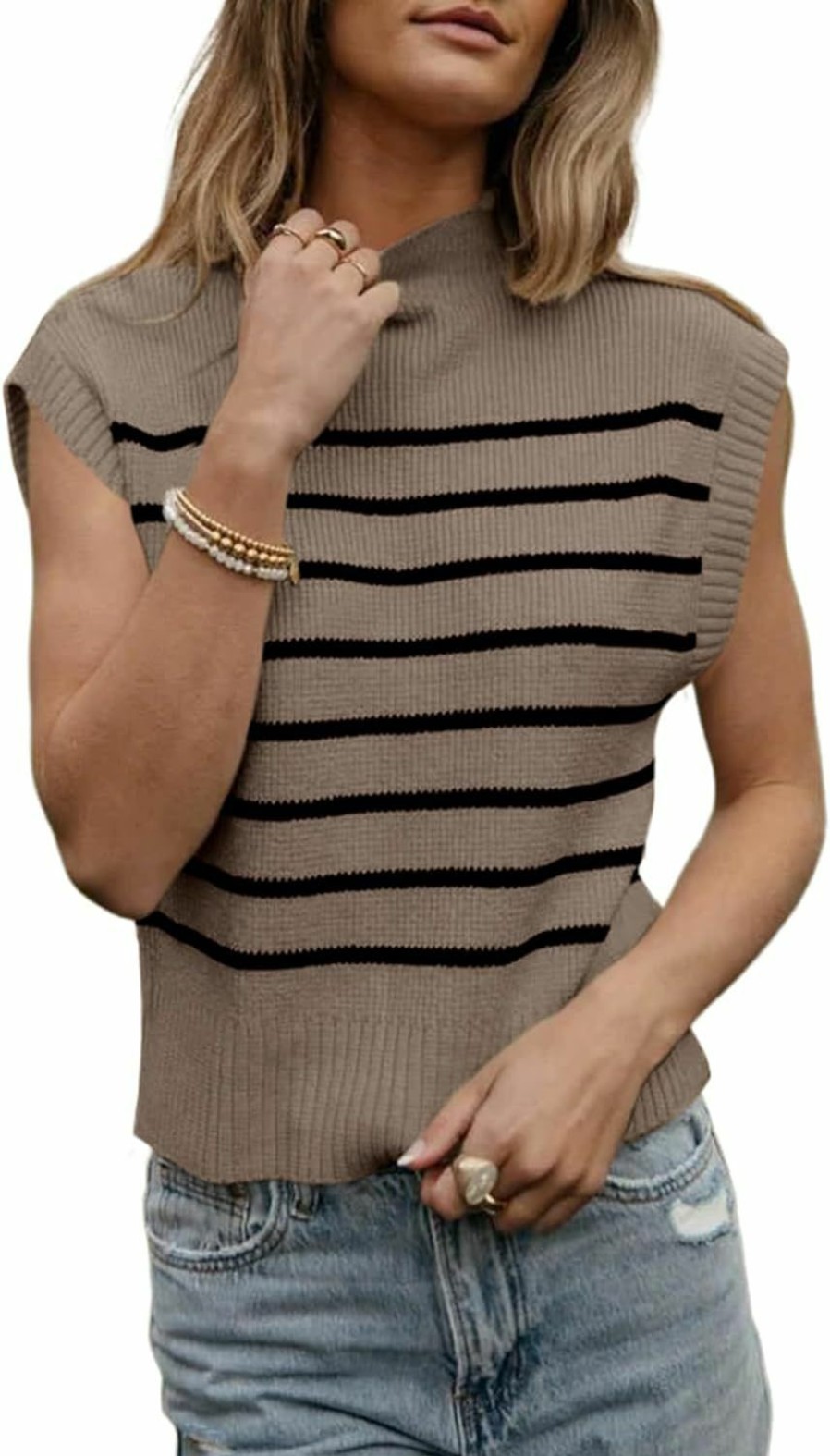 Sweaters | Langwyqu Langwyqu Womens 2024 Summer Sleeveless Sweater Vest Mock Neck Striped Cap Sleeve Ribbed Pullover Tank Tops