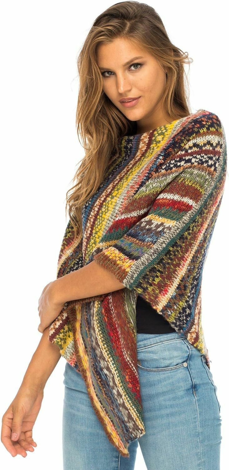 Sweaters | Back From Bali Back From Bali Womens Colorful Knit Poncho Sweater Cape Soft Striped Boho Tunic Shawl