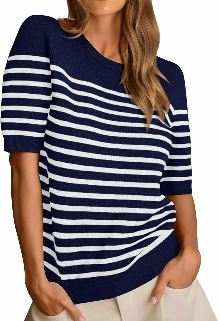 Sweaters | Amkoyam Amkoyam Women'S 2024 Short Sleeve Crew Neck T Shirts Casual Striped Ribbed Knit Pullover Sweater Tops