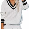 Sweaters | InterNos Women'S Casual V Neck Long Sleeve Sweater Trendy Striped Pullover Cable Knit Preppy Sweaters