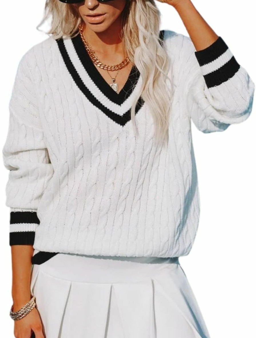 Sweaters | InterNos Women'S Casual V Neck Long Sleeve Sweater Trendy Striped Pullover Cable Knit Preppy Sweaters