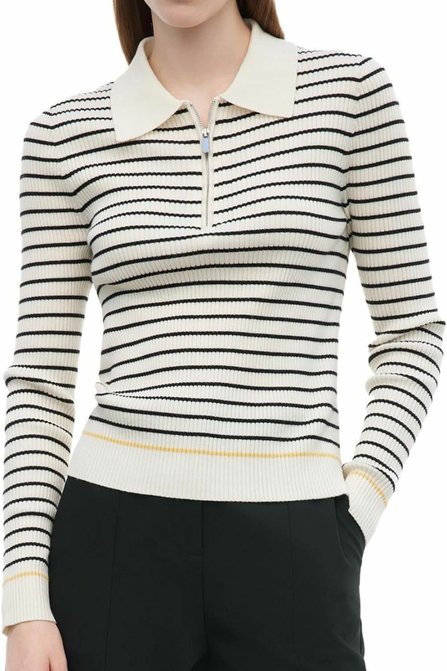 Sweaters | GOELIA Women'S Black White Striped Pullover Sweaters, Knit Wool Polo Half Zip Sweater Shirt Tops For Women