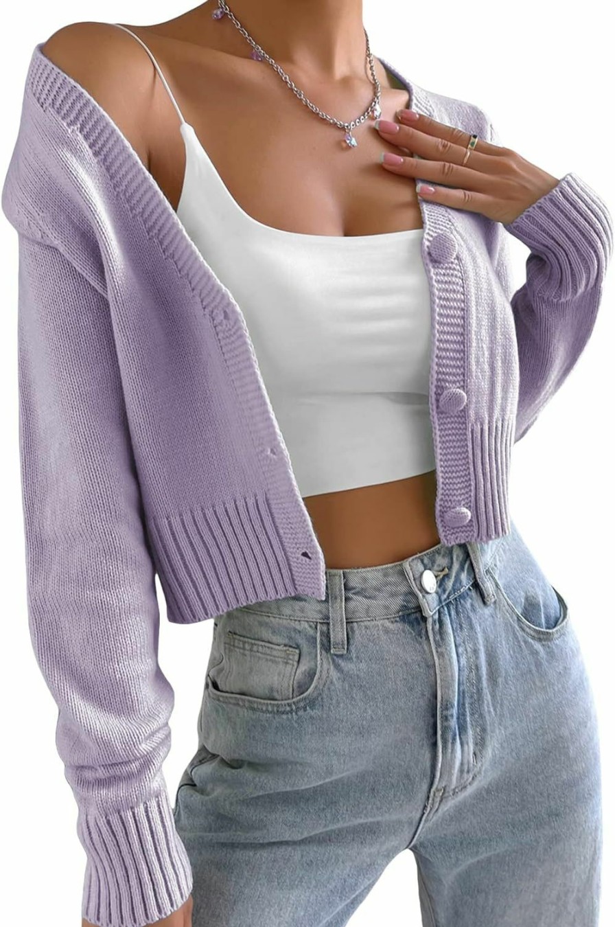 Sweaters | Verdusa Verdusa Women'S Button Front Long Sleeve Knitted Crop Cardigan Sweater