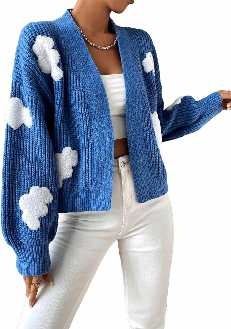 Sweaters | SweatyRocks Sweatyrocks Women'S Graphic Embroidery Long Sleeve Loose Cardigan Open Front Knit Cardigan Crop Sweater