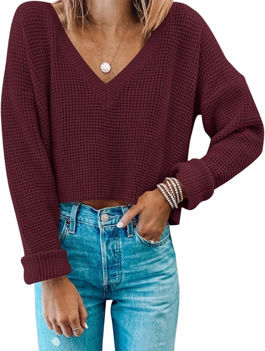 Sweaters | MIROL Mirol Women'S Waffle Knit Cropped Top V Neck Long Sleeve Pullover Sweater Casual Solid Crop Sweatshirts