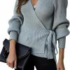 Sweaters | KIRUNDO Kirundo Women'S 2024 Fall Winter Wrap V Neck Sweater Balloon Sleeves Ribbed Knitted Pullover Tie Front Tunic Top Jumper