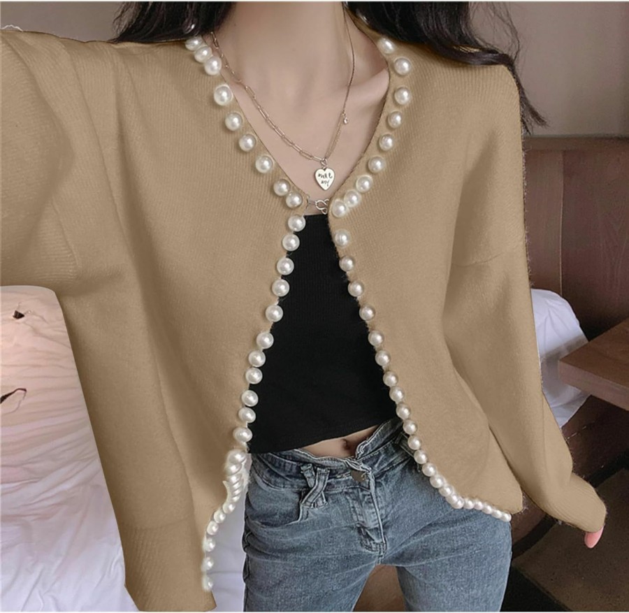 Sweaters | Omoone Omoone Women'S Solid Cardigan Sweater Elegant Long Sleeve Pearls Trim Beading Outwear