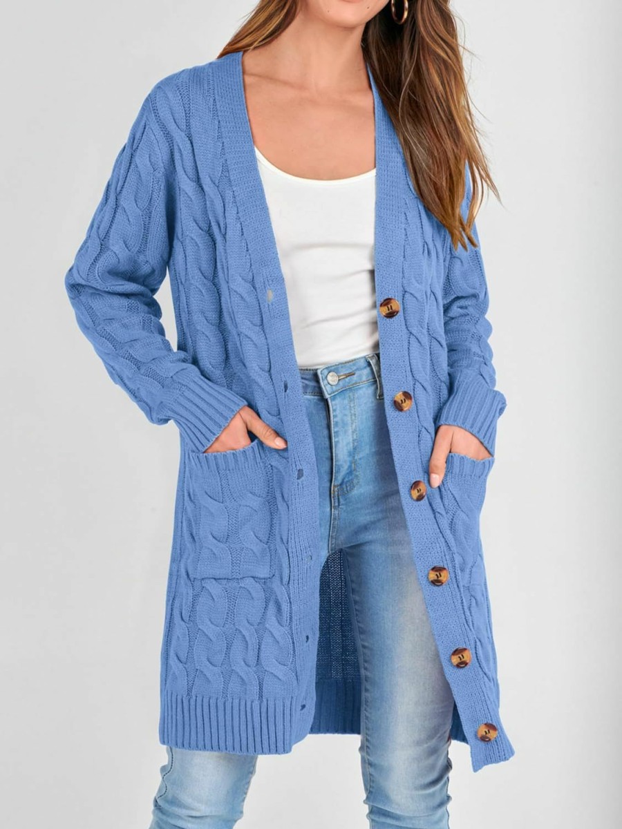 Sweaters | PRETTYGARDEN Prettygarden Long Sleeve Cable Knit Long Cardigan For Women 2023 Fall Winter Chunky Open Front Button Sweaters With Pockets