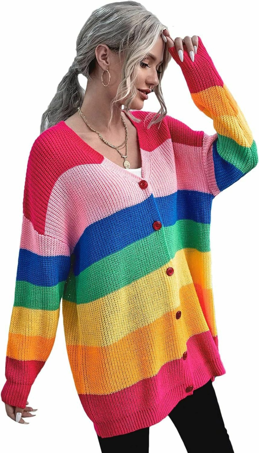 Sweaters | Floerns Floerns Women'S Rainbow Striped Print Button Front Long Sleeve Cardigan Sweater