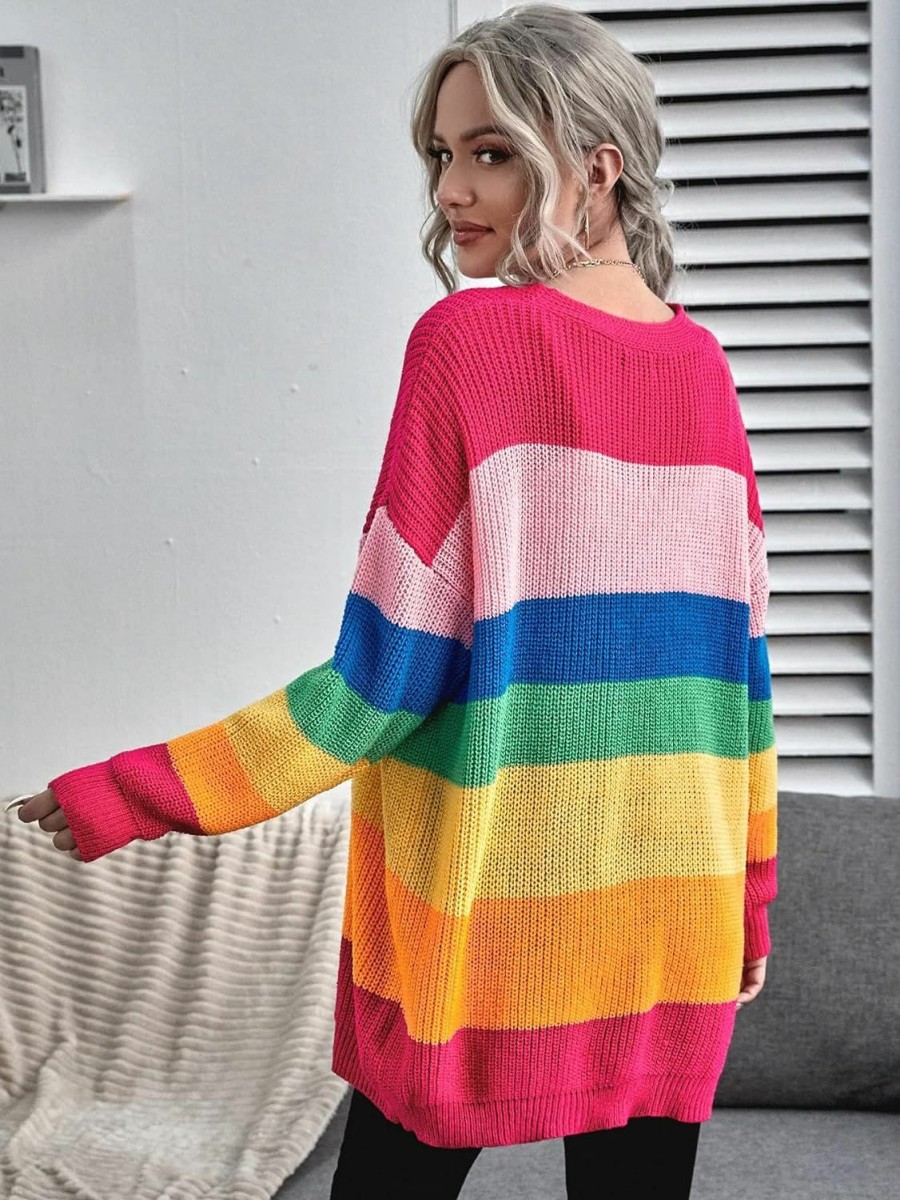 Sweaters | Floerns Floerns Women'S Rainbow Striped Print Button Front Long Sleeve Cardigan Sweater