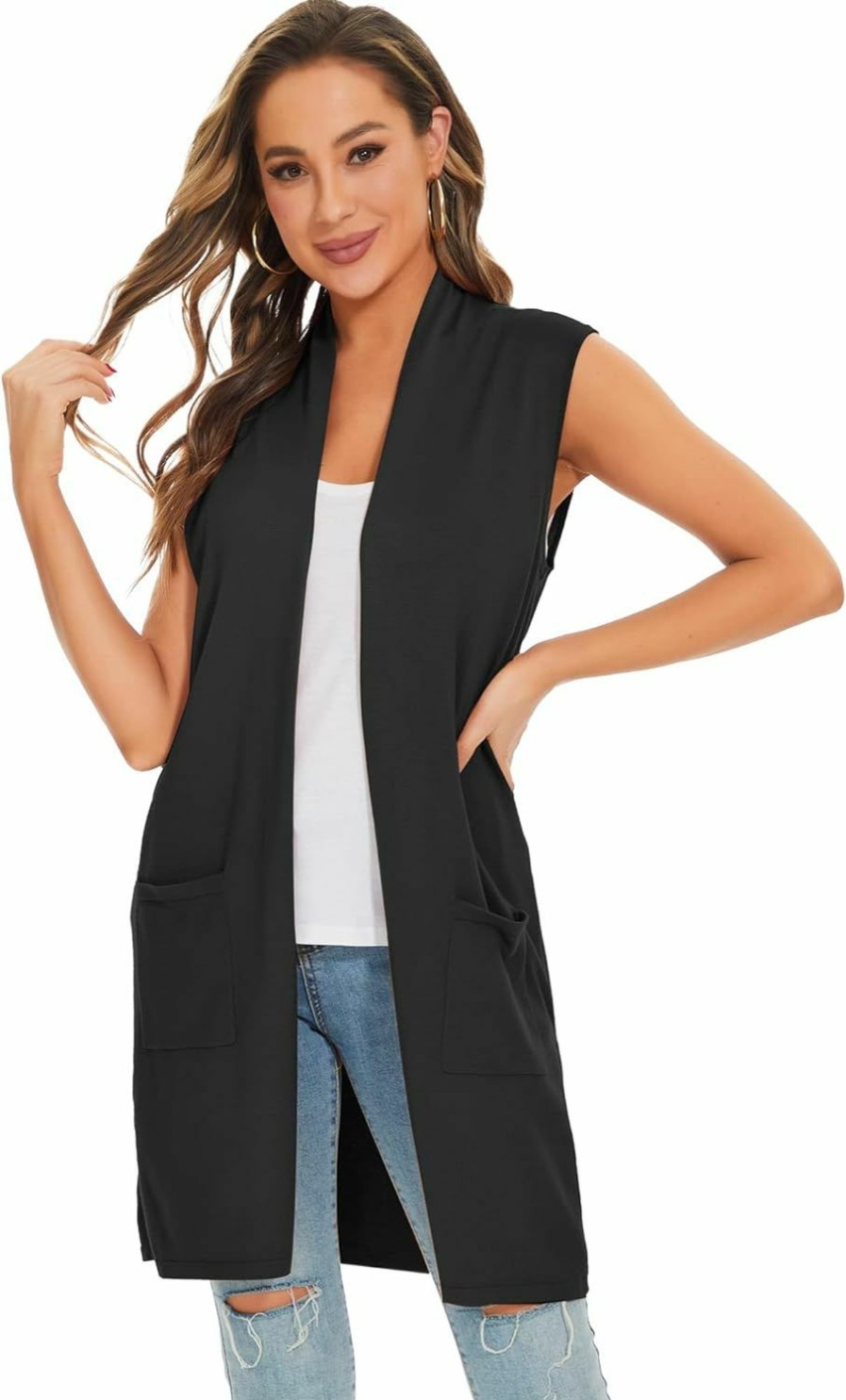 Sweaters | Moss Rose Moss Rose Women'S Long Knit Cardigan Vest Casual Sleeveless Open Front Draped Duster Vest (Available In Plus Size)