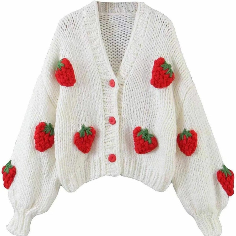 Sweaters | AISYBB Women'S Sweet Japanese Strawberry Embroidered Knit Cardigan Top Korean Retro Elegant Cute Kawaii Coat