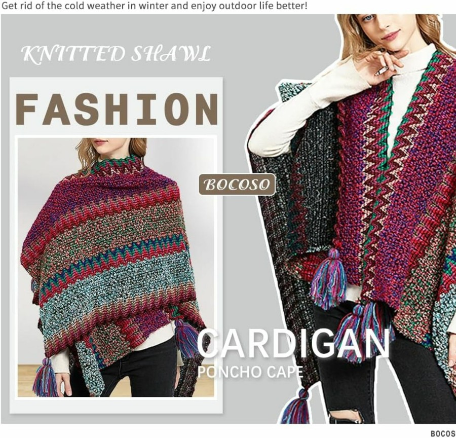 Sweaters | BOCOSO Bocoso Knit Shawl Wrap Poncho Cape For Women, Ladies Knitted Cardigan Kimono With Fringe For Fall Winter