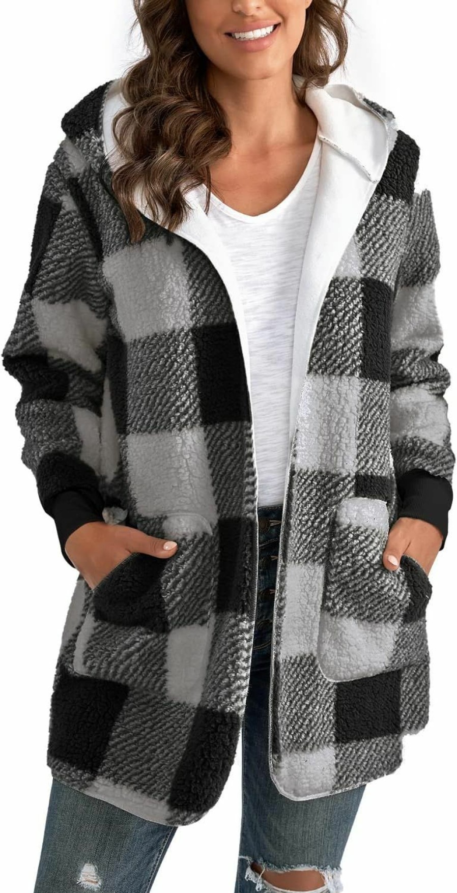 Sweaters | Yanekop Yanekop Womens Fuzzy Fleece Open Front Hooded Cardigan Jackets Sherpa Outerwear Coats With Pockets