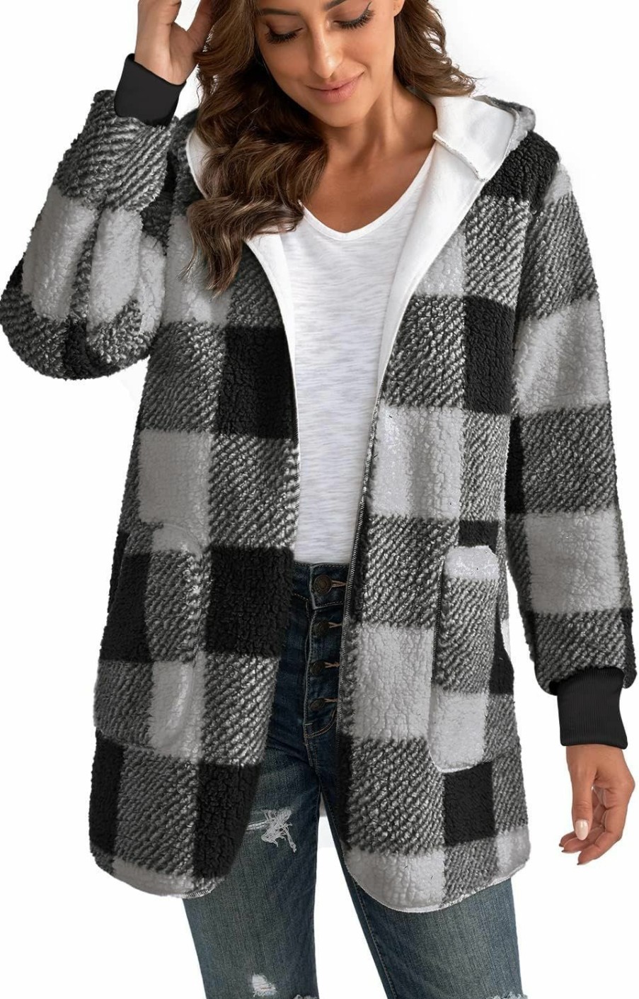 Sweaters | Yanekop Yanekop Womens Fuzzy Fleece Open Front Hooded Cardigan Jackets Sherpa Outerwear Coats With Pockets