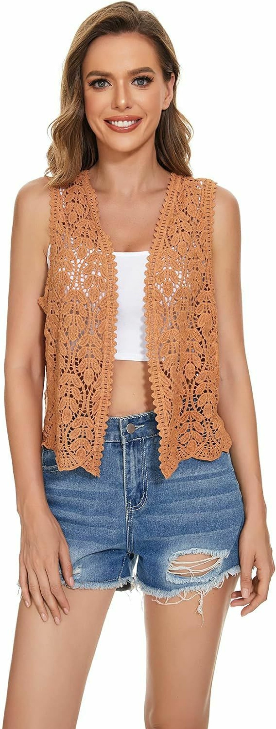 Sweaters | CMajorHan Womens Floral Crochet Lace Trim Sleeveless Open Front Vest Cardigan