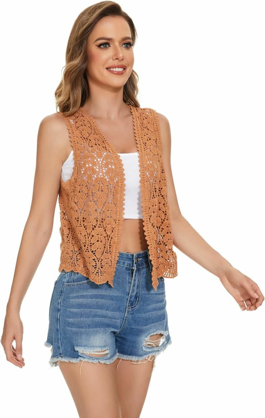 Sweaters | CMajorHan Womens Floral Crochet Lace Trim Sleeveless Open Front Vest Cardigan