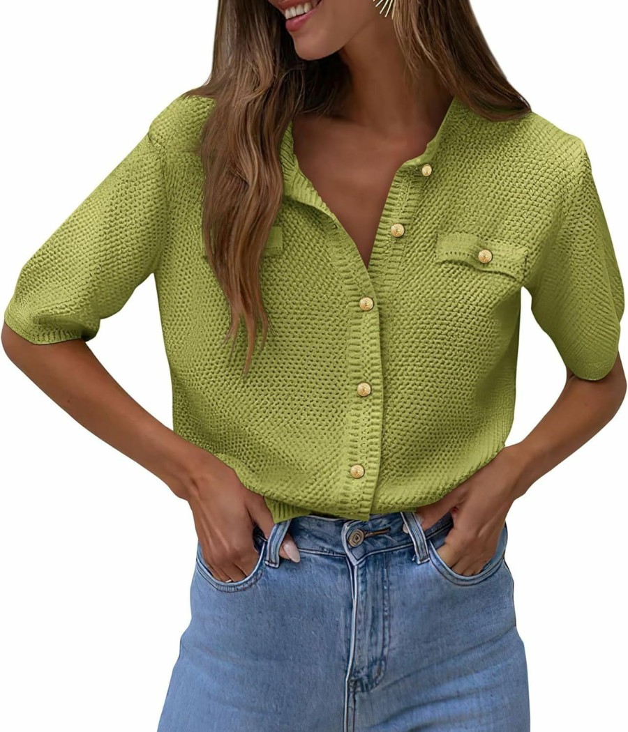 Sweaters | PRETTYGARDEN Prettygarden Women'S Summer Button Down Shirts Casual Short Sleeve Crew Neck Ribbed Knit Blouse Top Cardigans