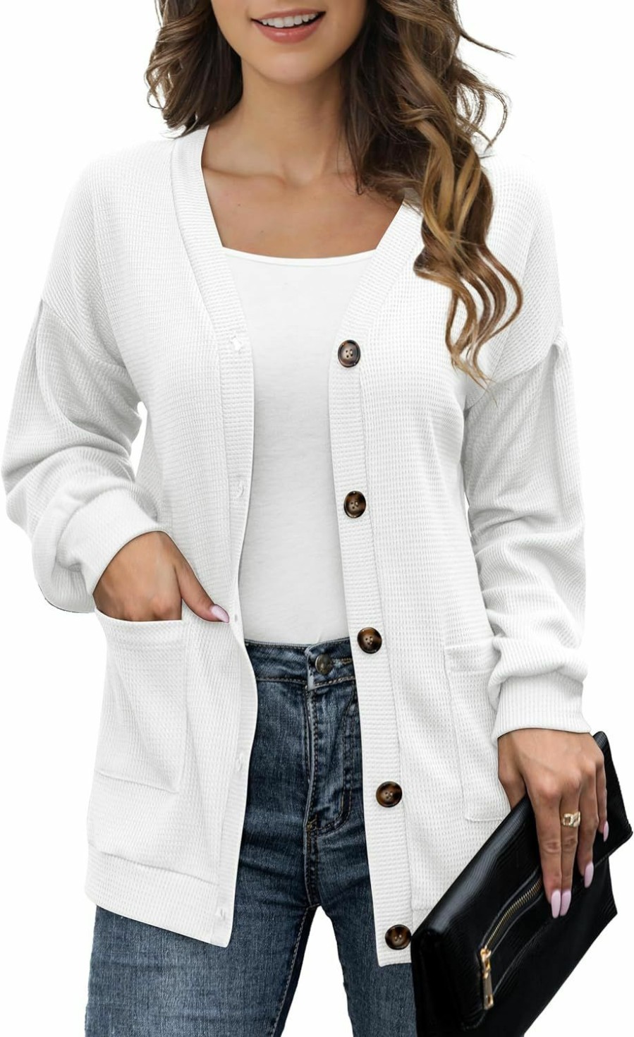 Sweaters | VERABENDI Womens Cardigan With Pockets Drop Shoulder Button Waffle Knit Sweaters For Women