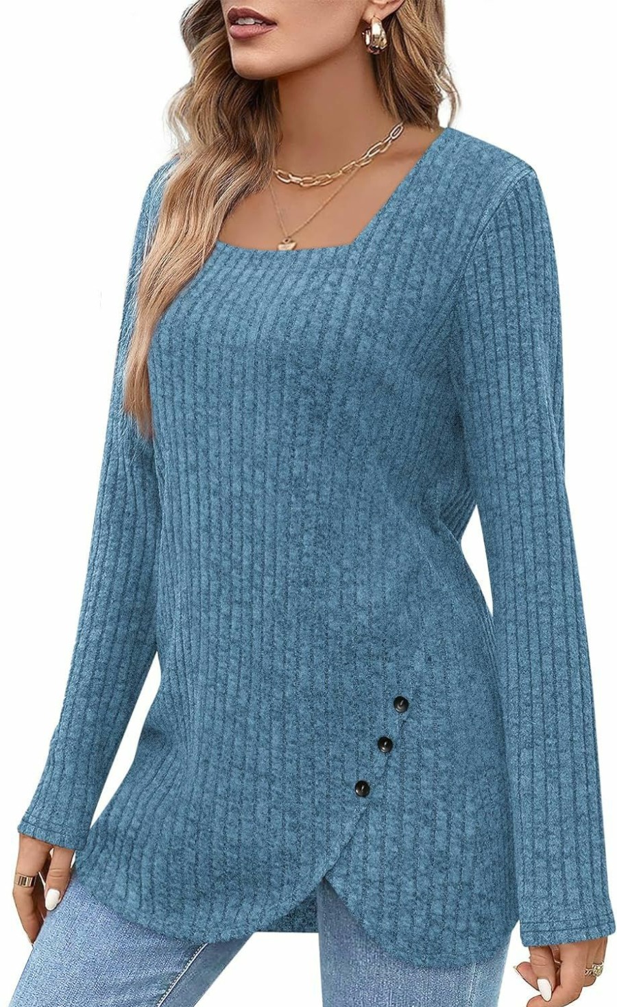 Sweaters | BZB Bzb Women'S Sweaters Fall 2024 Lightweight Long Sleeve Square Neck Tunic Tops