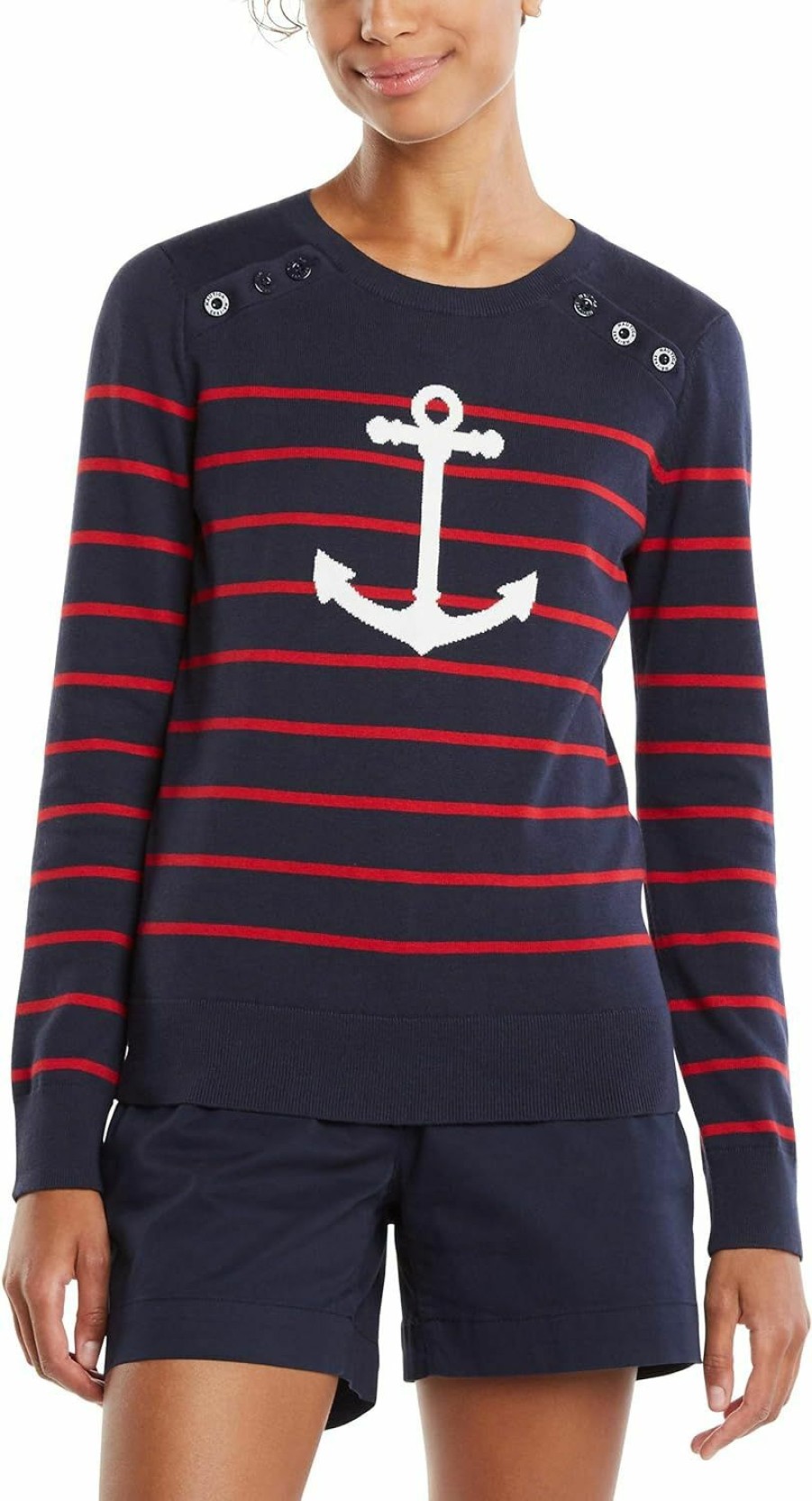 Sweaters | Nautica Nautica Women'S Voyage Long Sleeve 100% Cotton Striped Crewneck Sweater