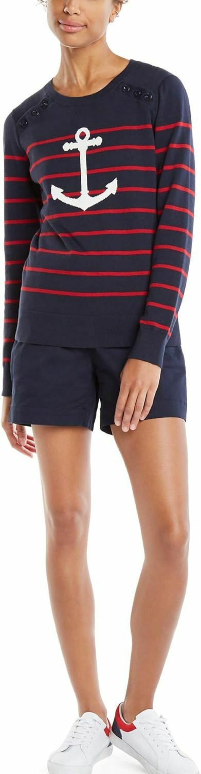 Sweaters | Nautica Nautica Women'S Voyage Long Sleeve 100% Cotton Striped Crewneck Sweater