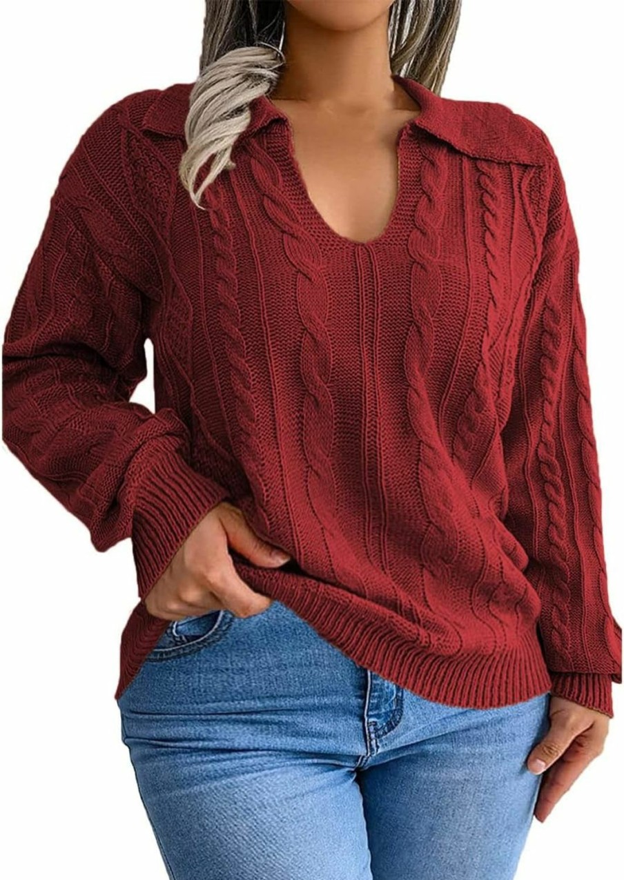 Sweaters | Allaruna Plus Size Sweaters For Women Polo V Neck Chunky Cable Knit Pullovers 1X-5X